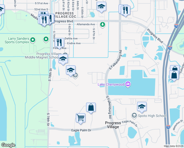 map of restaurants, bars, coffee shops, grocery stores, and more near 6332 Yellow Buckeye Drive in Riverview
