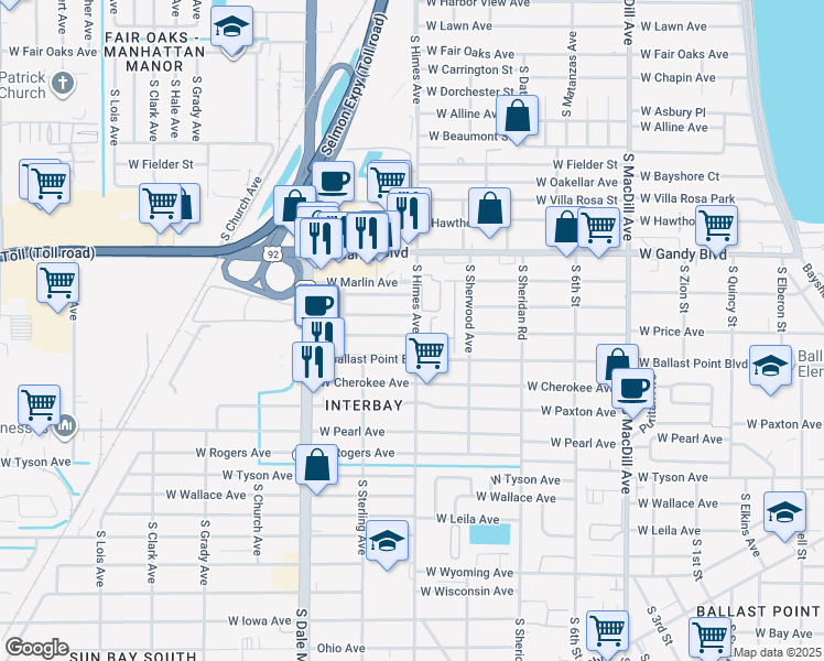 map of restaurants, bars, coffee shops, grocery stores, and more near in Tampa