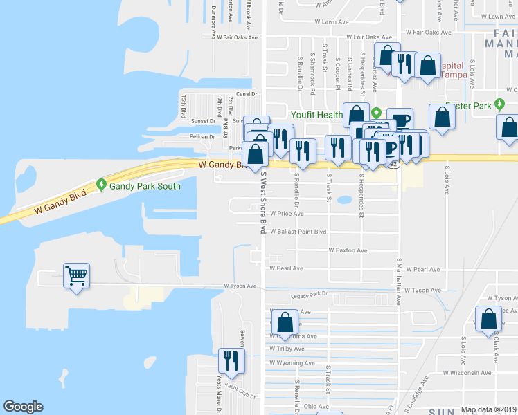 map of restaurants, bars, coffee shops, grocery stores, and more near 5009 South West Shore Boulevard in Tampa