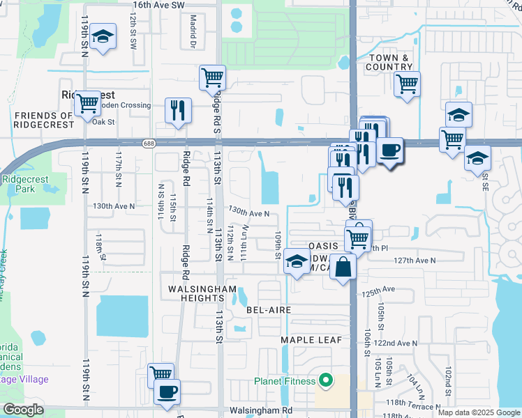 map of restaurants, bars, coffee shops, grocery stores, and more near 11019 130th Avenue North in Largo