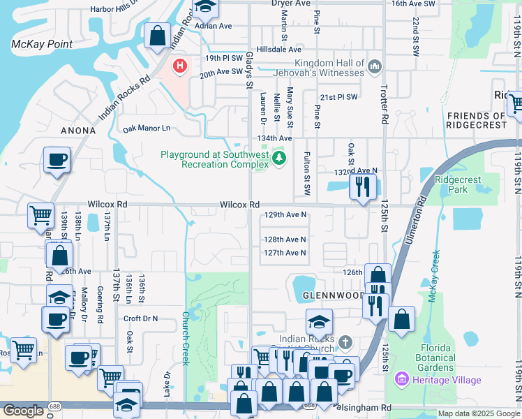 map of restaurants, bars, coffee shops, grocery stores, and more near 13002 129th Avenue North in Largo