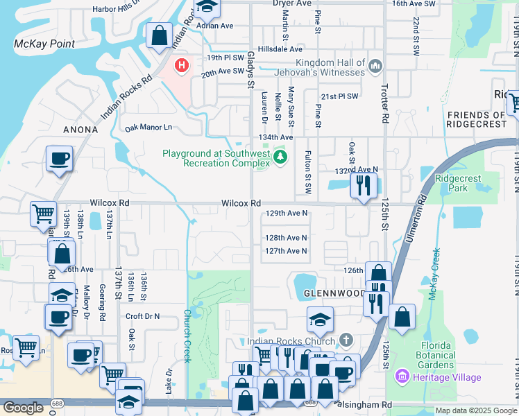 map of restaurants, bars, coffee shops, grocery stores, and more near 13002 129th Avenue North in Largo