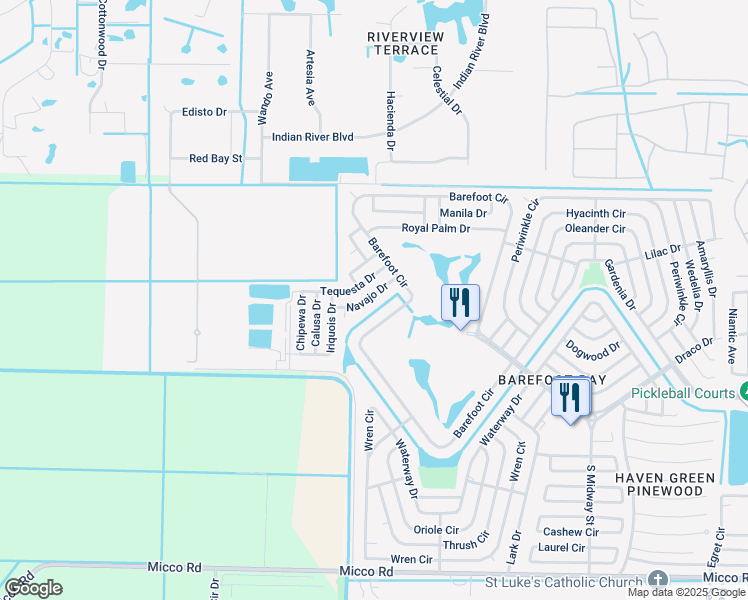 map of restaurants, bars, coffee shops, grocery stores, and more near 1116 Navajo Drive in Sebastian