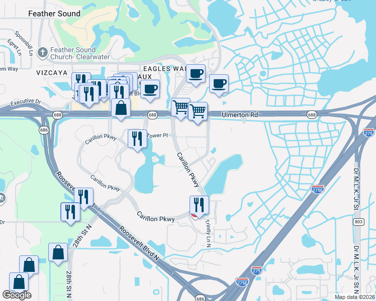 map of restaurants, bars, coffee shops, grocery stores, and more near 250 Carillon Parkway in St. Petersburg
