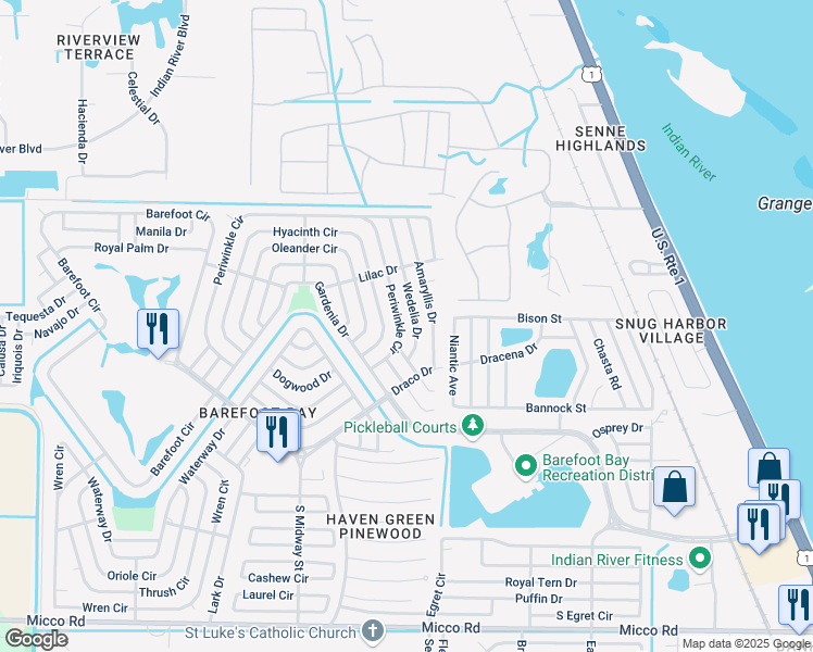 map of restaurants, bars, coffee shops, grocery stores, and more near 622 Periwinkle Circle in Micco