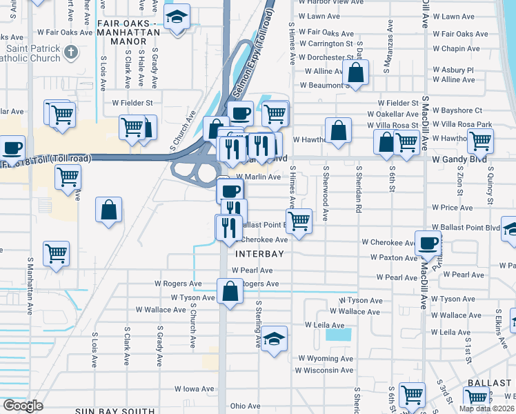 map of restaurants, bars, coffee shops, grocery stores, and more near 3523 West Price Avenue in Tampa