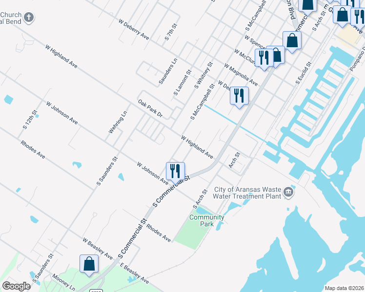 map of restaurants, bars, coffee shops, grocery stores, and more near 1423 South McCampbell Street in Aransas Pass