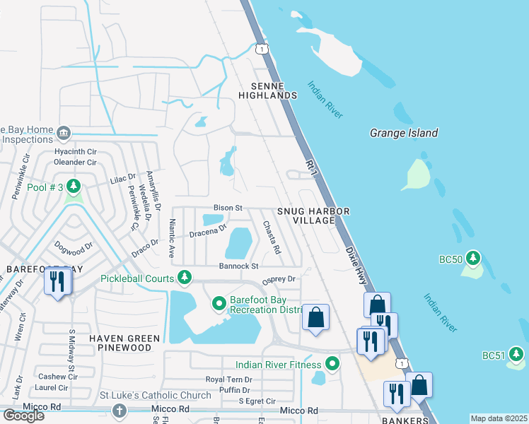map of restaurants, bars, coffee shops, grocery stores, and more near 7519 Chasta Road in Micco