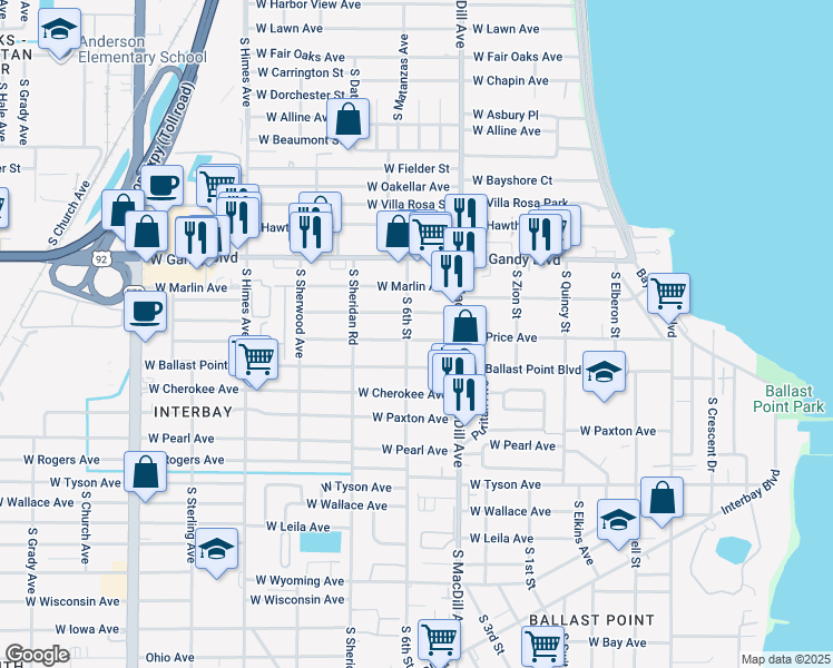 map of restaurants, bars, coffee shops, grocery stores, and more near 3121 West Price Avenue in Tampa