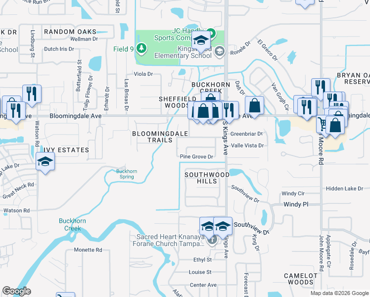 map of restaurants, bars, coffee shops, grocery stores, and more near 1026 Hallwood Loop in Brandon