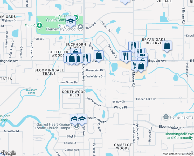 map of restaurants, bars, coffee shops, grocery stores, and more near 607 Valle Vista Drive in Brandon