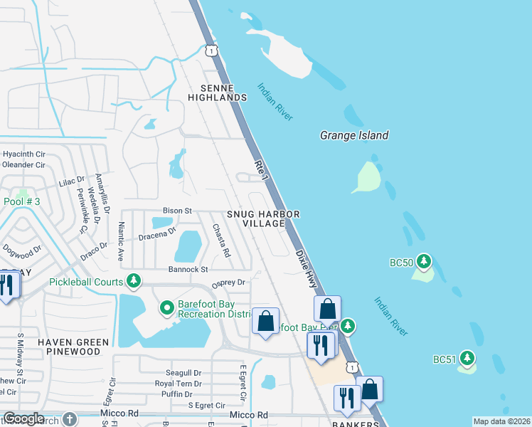 map of restaurants, bars, coffee shops, grocery stores, and more near 7540 Agawam Road in Sebastian
