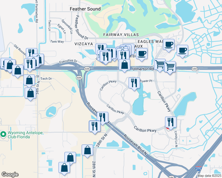 map of restaurants, bars, coffee shops, grocery stores, and more near 881 Carillon Parkway in St. Petersburg