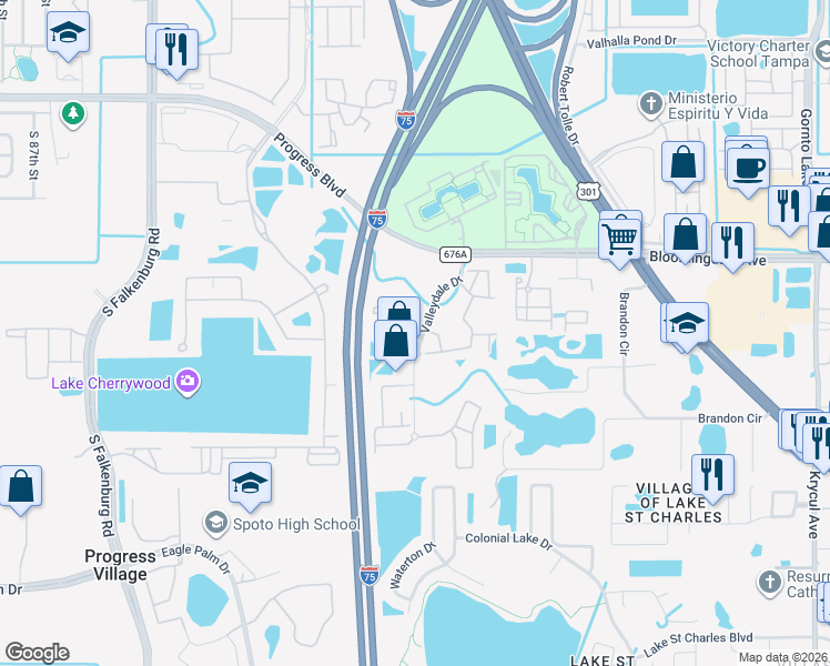 map of restaurants, bars, coffee shops, grocery stores, and more near 9540 Newdale Way in Riverview