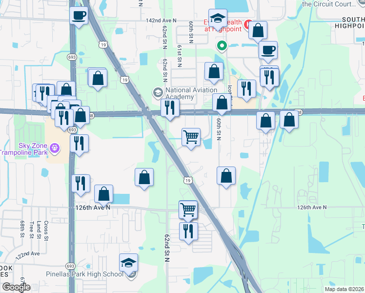 map of restaurants, bars, coffee shops, grocery stores, and more near 13075 U.S. 19 in Clearwater