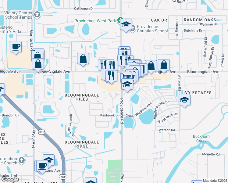 map of restaurants, bars, coffee shops, grocery stores, and more near 6203 Watermark Drive in Riverview