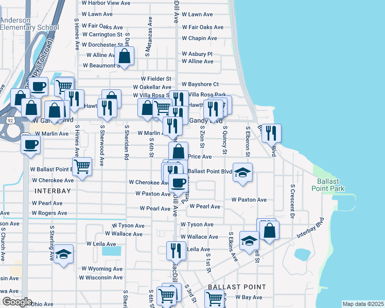 map of restaurants, bars, coffee shops, grocery stores, and more near 3007 West Price Avenue in Tampa
