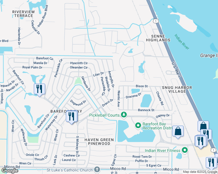 map of restaurants, bars, coffee shops, grocery stores, and more near 622 Periwinkle Circle in Micco