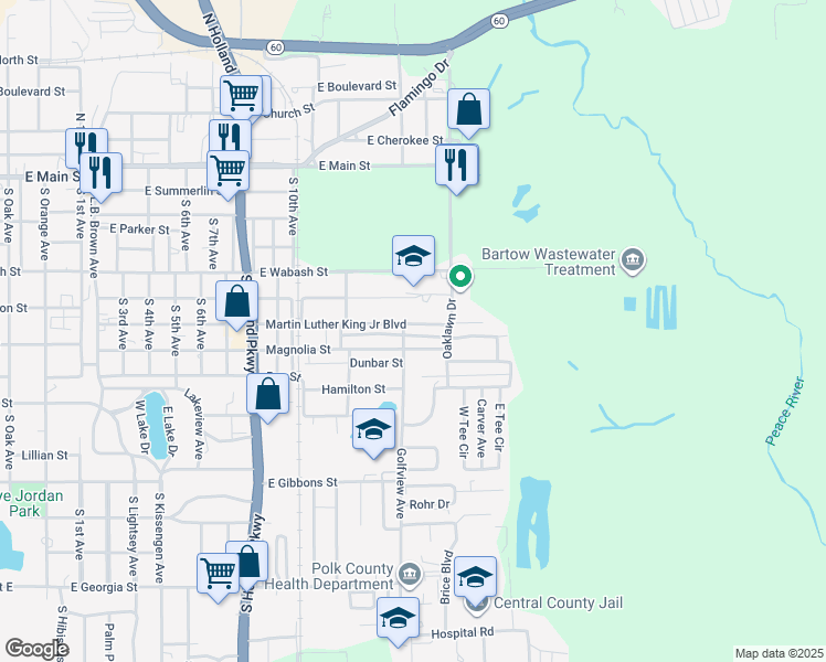 map of restaurants, bars, coffee shops, grocery stores, and more near 2145 Martin Luther King Junior Boulevard in Bartow
