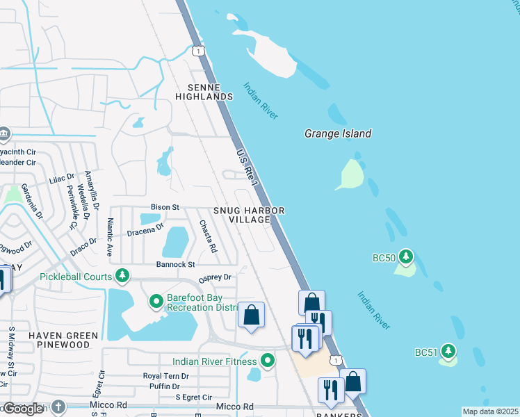 map of restaurants, bars, coffee shops, grocery stores, and more near 7535 Agawam Road in Sebastian