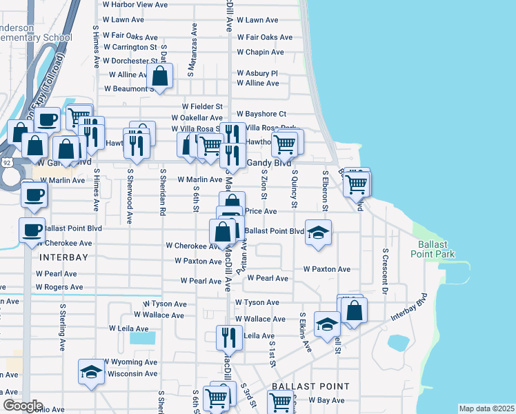 map of restaurants, bars, coffee shops, grocery stores, and more near 3007 West Price Avenue in Tampa