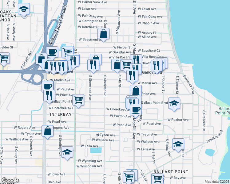 map of restaurants, bars, coffee shops, grocery stores, and more near 3211 West Price Avenue in Tampa