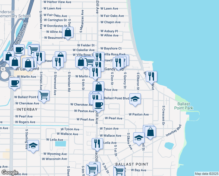 map of restaurants, bars, coffee shops, grocery stores, and more near 3007 West Price Avenue in Tampa