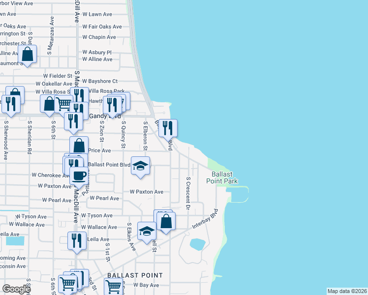 map of restaurants, bars, coffee shops, grocery stores, and more near 5020 Bayshore Boulevard in Tampa