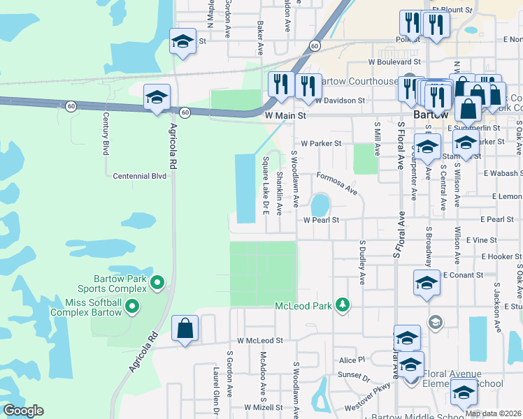 map of restaurants, bars, coffee shops, grocery stores, and more near 685 Square Lake Drive East in Bartow