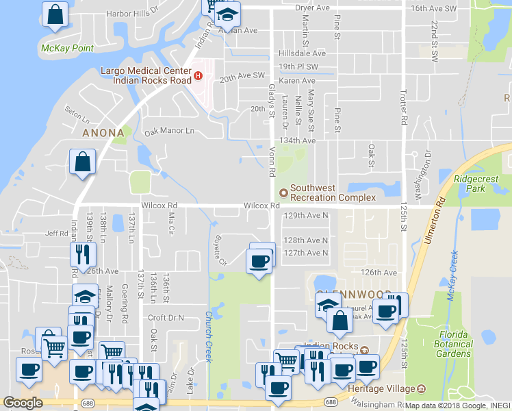 map of restaurants, bars, coffee shops, grocery stores, and more near 13101 130th Avenue in Largo