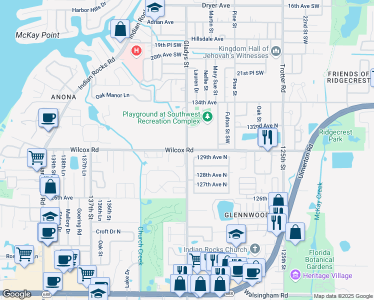 map of restaurants, bars, coffee shops, grocery stores, and more near Wilcox Road & Vonn Road in Largo