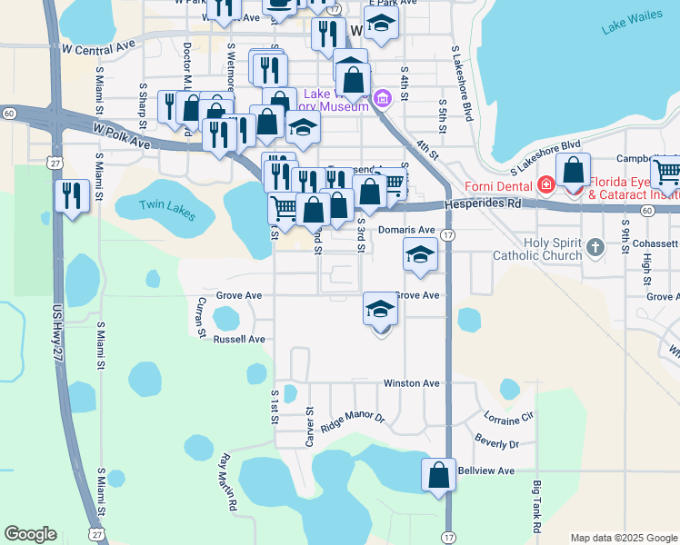 map of restaurants, bars, coffee shops, grocery stores, and more near 200 Emerald Avenue in Lake Wales