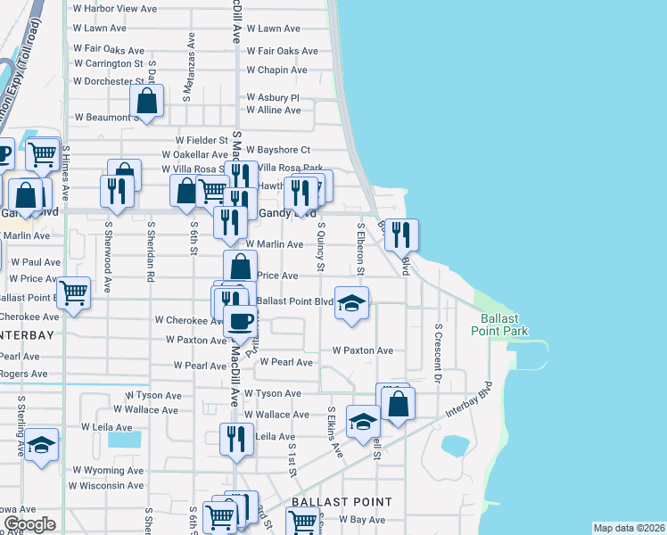 map of restaurants, bars, coffee shops, grocery stores, and more near 2815-2817 West Price Avenue in Tampa