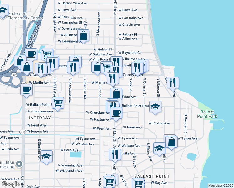 map of restaurants, bars, coffee shops, grocery stores, and more near 3198-3100 West Price Avenue in Tampa