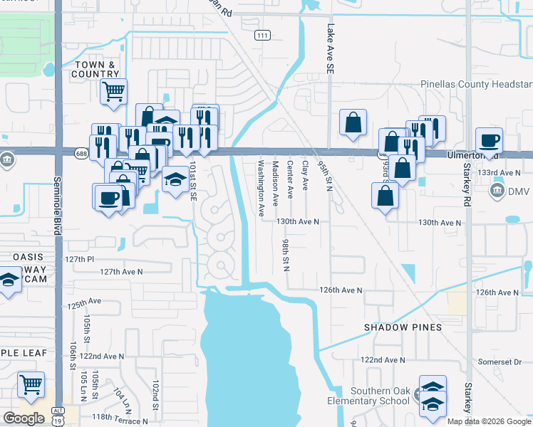 map of restaurants, bars, coffee shops, grocery stores, and more near 9797 130th Avenue North in Largo