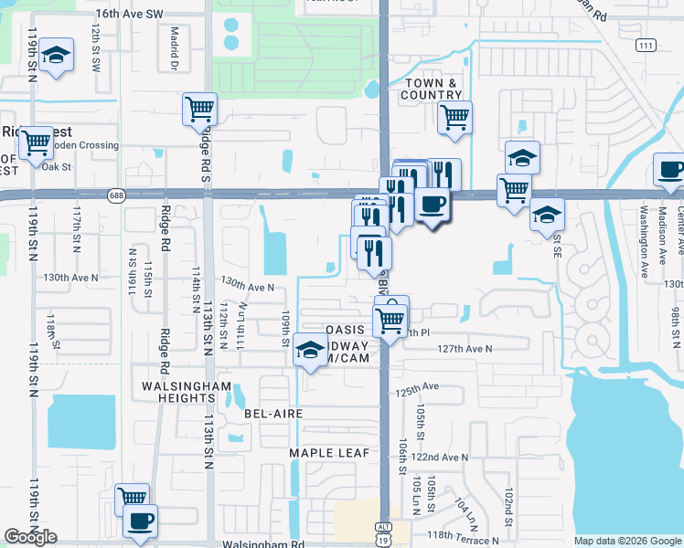 map of restaurants, bars, coffee shops, grocery stores, and more near 208 Lark Drive in Largo