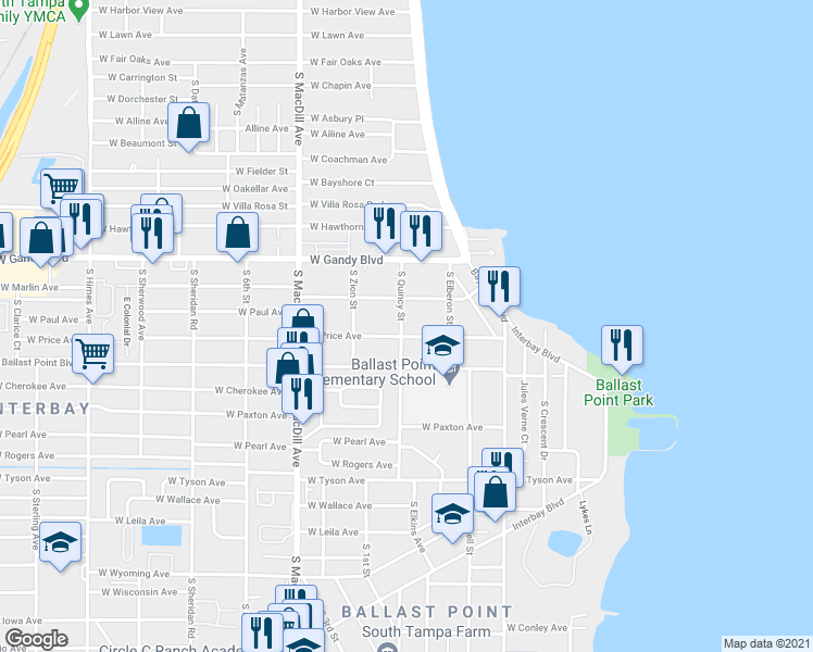 map of restaurants, bars, coffee shops, grocery stores, and more near 2817 West Price Avenue in Tampa