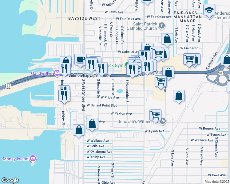 map of restaurants, bars, coffee shops, grocery stores, and more near 5010 South Trask Street in Tampa