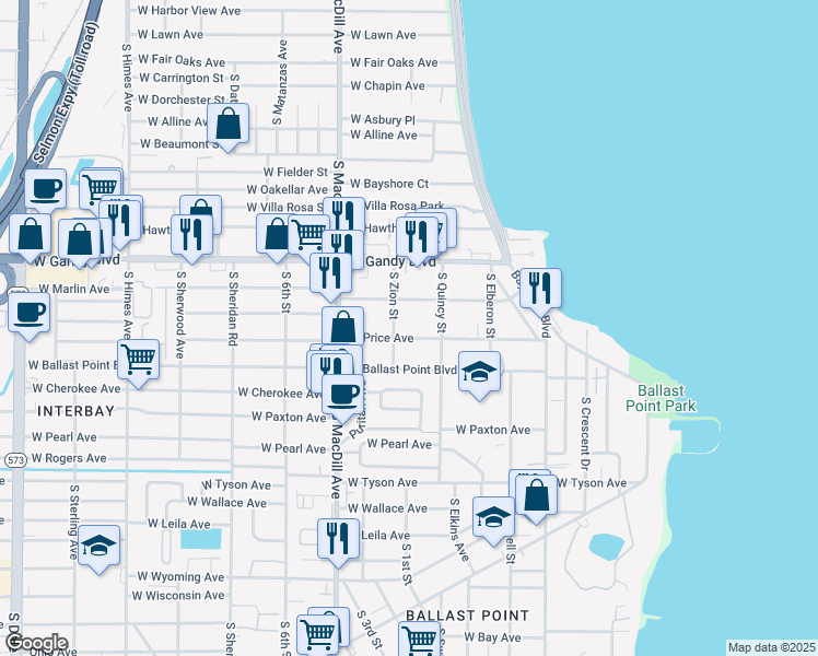 map of restaurants, bars, coffee shops, grocery stores, and more near 2911 West Price Avenue in Tampa
