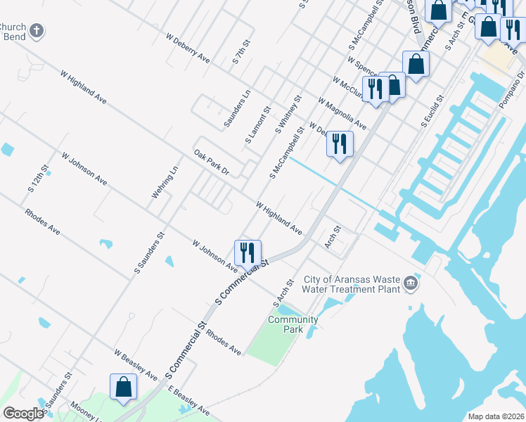 map of restaurants, bars, coffee shops, grocery stores, and more near 1423 South McCampbell Street in Aransas Pass