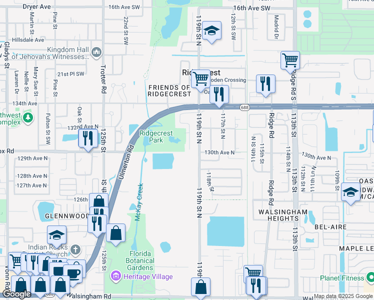 map of restaurants, bars, coffee shops, grocery stores, and more near 13000 120th Street North in Largo