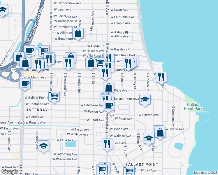 map of restaurants, bars, coffee shops, grocery stores, and more near 3198-3100 West Price Avenue in Tampa
