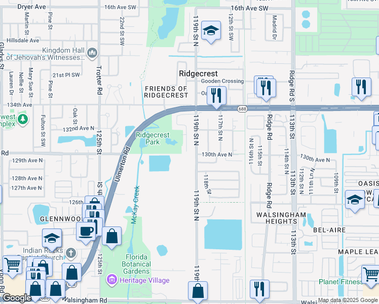 map of restaurants, bars, coffee shops, grocery stores, and more near 13000 120th Street North in Largo
