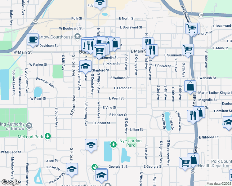 map of restaurants, bars, coffee shops, grocery stores, and more near 525 Guava Street in Bartow
