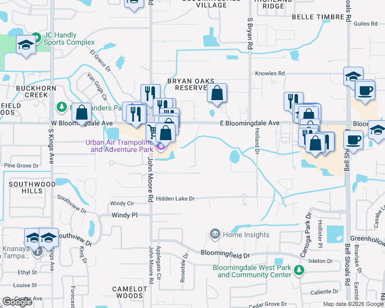 map of restaurants, bars, coffee shops, grocery stores, and more near 3517 Brook Crossing Drive in Brandon