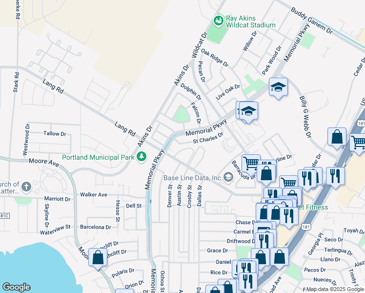 map of restaurants, bars, coffee shops, grocery stores, and more near 410 Lang Road in Portland