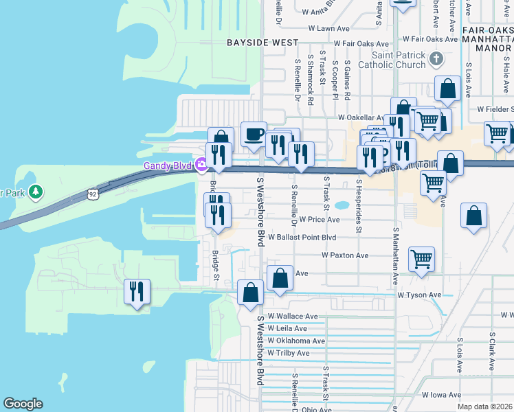 map of restaurants, bars, coffee shops, grocery stores, and more near 5009 South West Shore Boulevard in Tampa