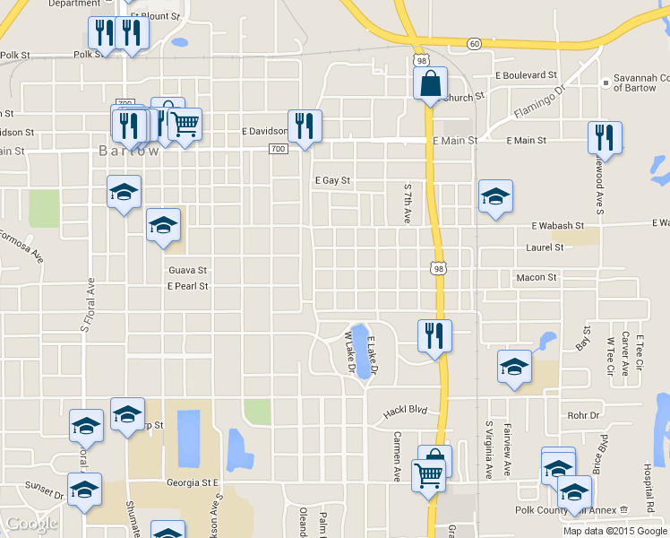 map of restaurants, bars, coffee shops, grocery stores, and more near 700 South 3rd Avenue in Bartow