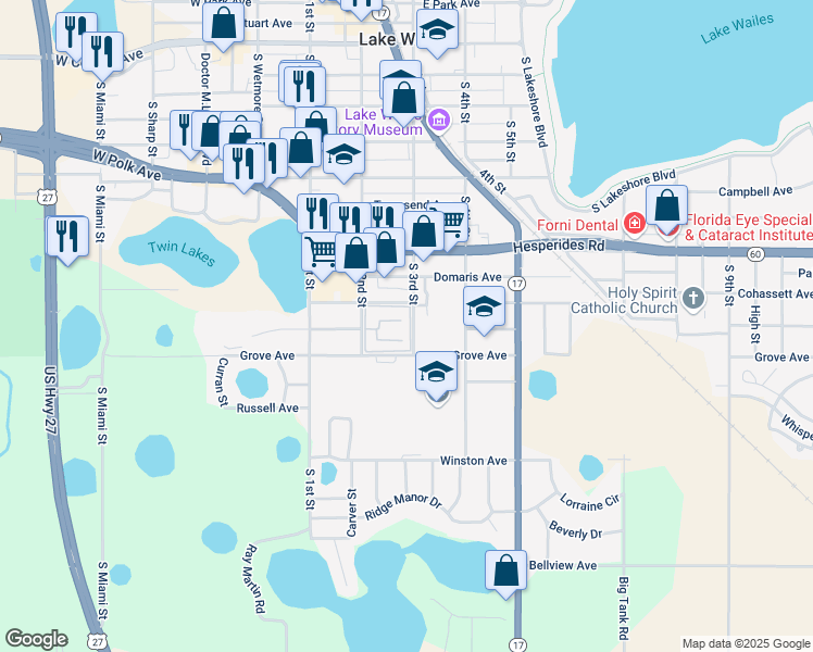 map of restaurants, bars, coffee shops, grocery stores, and more near 200 Emerald Avenue in Lake Wales