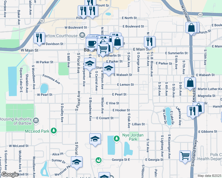 map of restaurants, bars, coffee shops, grocery stores, and more near 525 Guava Street in Bartow